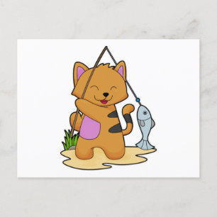 Katze als Fischer mit Angelrute & Fisch Postkarte