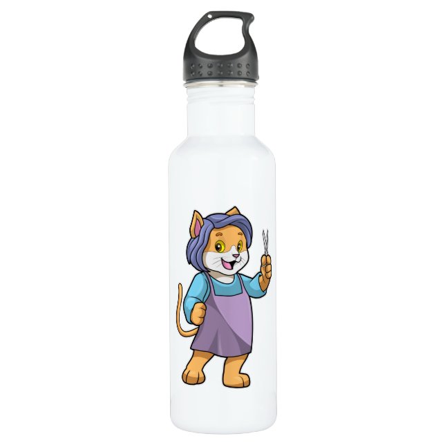 Katze als Friseur mit Schere Edelstahlflasche (Vorderseite)