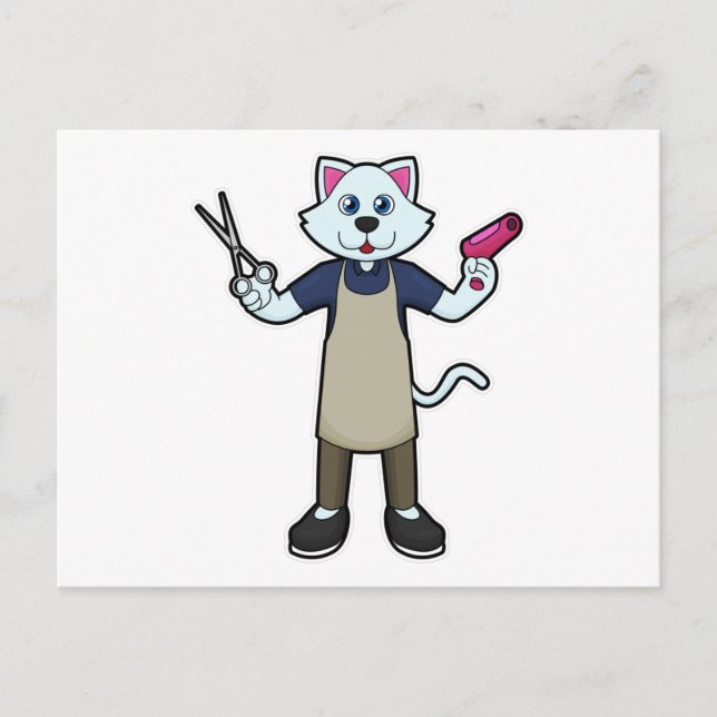 Katze als Friseur mit Schere & Haartrockner Postkarte (Vorderseite)