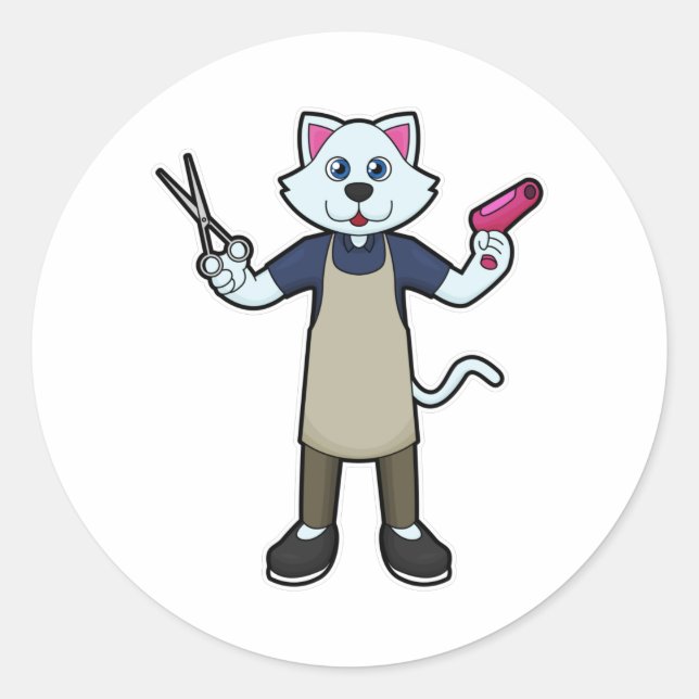 Katze als Friseur mit Schere & Haartrockner Runder Aufkleber (Vorderseite)
