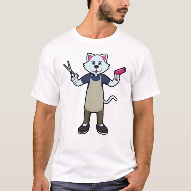 Katze als Friseur mit Schere & Haartrockner T-Shirt (Vorderseite)