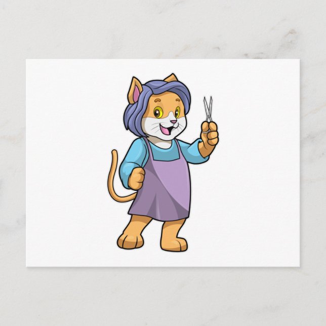 Katze als Friseur mit Schere Postkarte (Vorderseite)