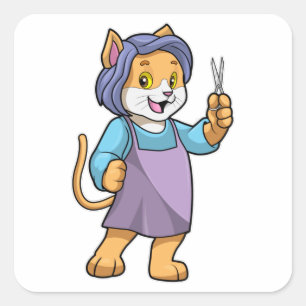 Katze als Friseur mit Schere Quadratischer Aufkleber