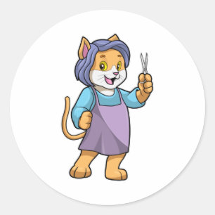 Katze als Friseur mit Schere Runder Aufkleber