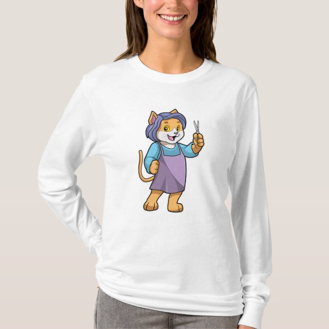 Katze als Friseur mit Schere T-Shirt (Vorderseite)