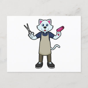 Katze als Friseur mit Schere und Haartrockner Postkarte