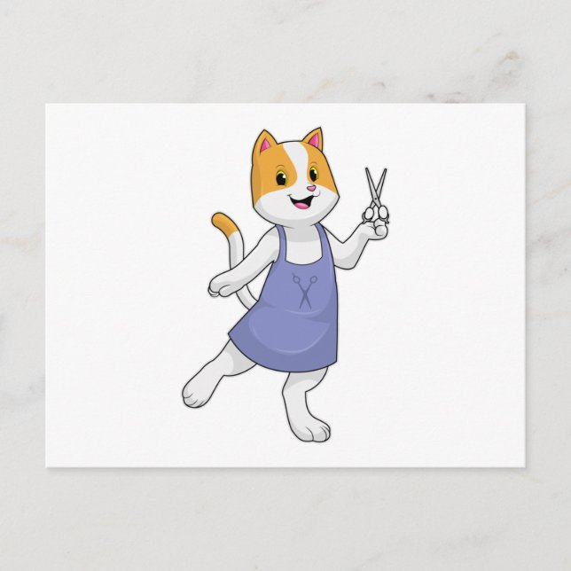 Katze als Haarstylistin mit Schere Postkarte (Vorderseite)