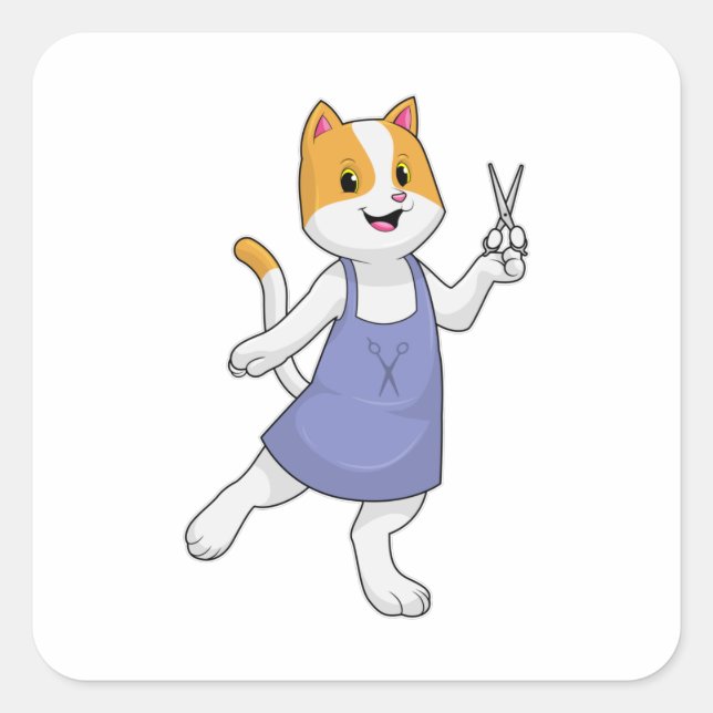 Katze als Haarstylistin mit Schere Quadratischer Aufkleber (Vorderseite)