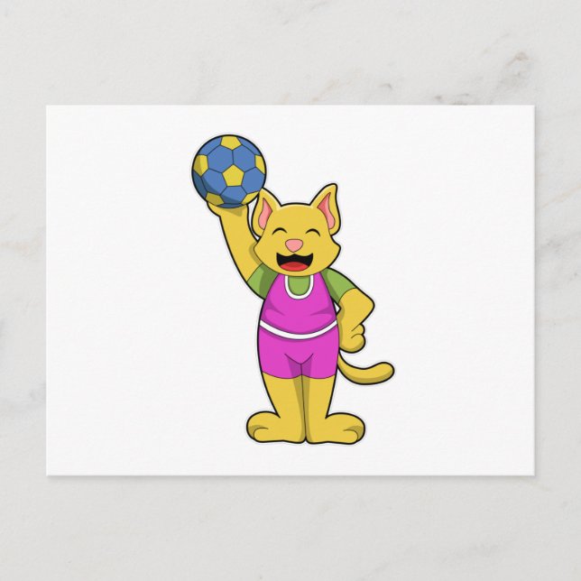 Katze als Handballspieler mit Handball Postkarte (Vorderseite)