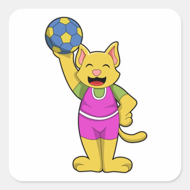 Katze als Handballspieler mit Handball Quadratischer Aufkleber (Vorderseite)