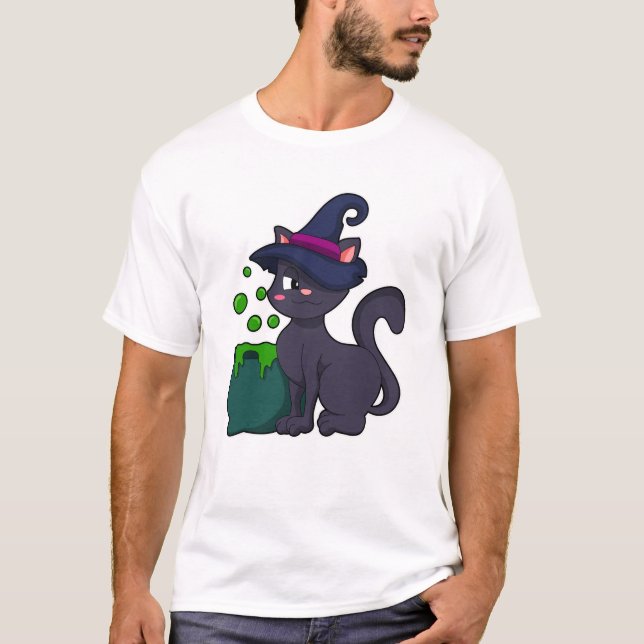 Katze als Hexe mit Cauldron T-Shirt (Vorderseite)