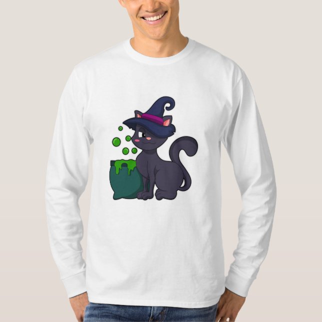 Katze als Hexe mit Cauldron T-Shirt (Vorderseite)