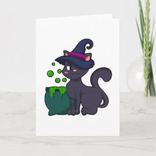Katze als Hexe mit Kessel Karte