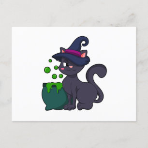 Katze als Hexe mit Kessel Postkarte