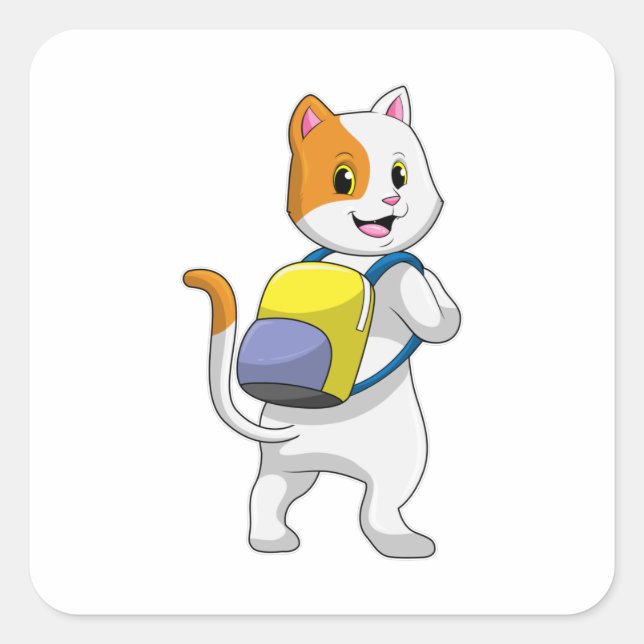 Katze als Hiker mit Rucksack Quadratischer Aufkleber (Vorderseite)