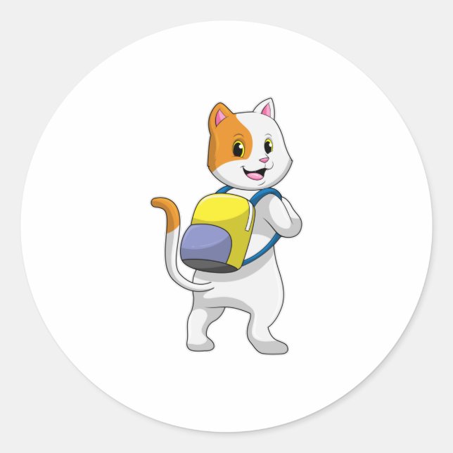 Katze als Hiker mit Rucksack Runder Aufkleber (Vorderseite)
