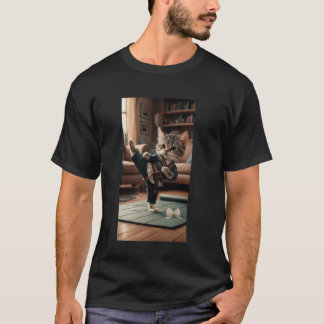 Katze als Kampfsportler verkleidet, die einen hohe T-Shirt