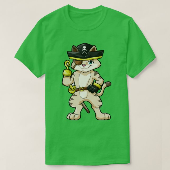 Katze als Pirat mit Dolch und Säbel T-Shirt (Design vorne)