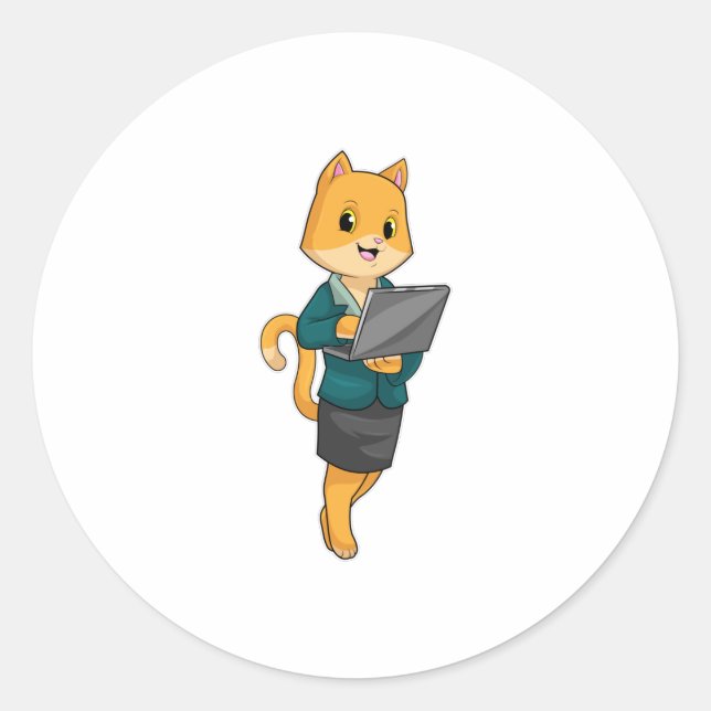 Katze als Sekretär für Laptop Runder Aufkleber (Vorderseite)