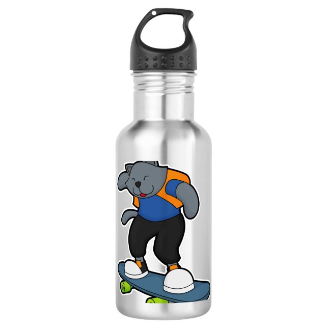 Katze als Skateboarder mit Skateboard Edelstahlflasche (Vorderseite)