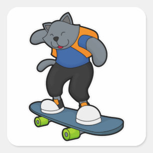 Katze als Skateboarder mit Skateboard Quadratischer Aufkleber