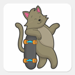 Katze als Skater mit Skateboard Quadratischer Aufkleber