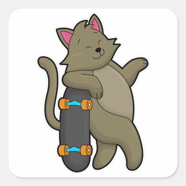 Katze als Skater mit Skateboard Quadratischer Aufkleber (Vorderseite)