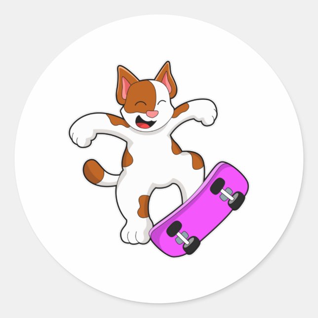 Katze als Skater mit Skateboard Runder Aufkleber (Vorderseite)