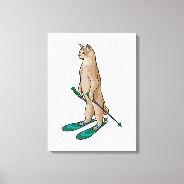 Katze als Skifahrer mit Ski- und Skistöcken Leinwanddruck (Vorderseite)