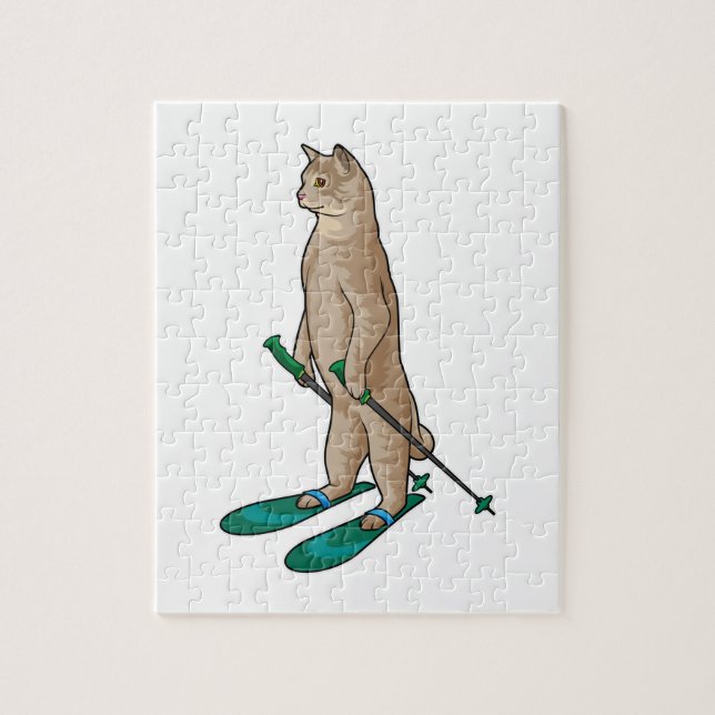 Katze als Skifahrer mit Ski- und Skistöcken Puzzle (Vertikal)