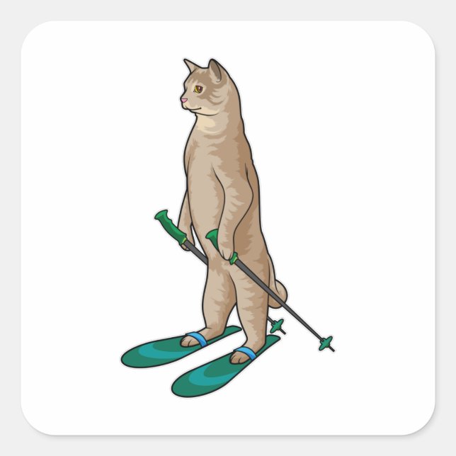 Katze als Skifahrer mit Ski- und Skistöcken Quadratischer Aufkleber (Vorderseite)