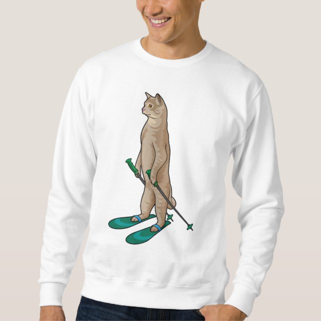 Katze als Skifahrer mit Ski- und Skistöcken Sweatshirt (Vorderseite)