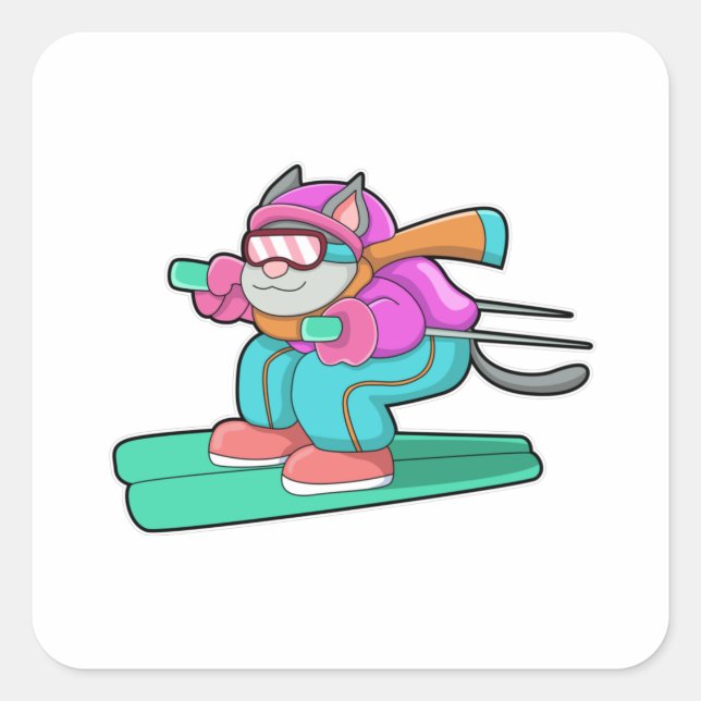 Katze als Skijumper mit Ski & Skibrille Quadratischer Aufkleber (Vorderseite)