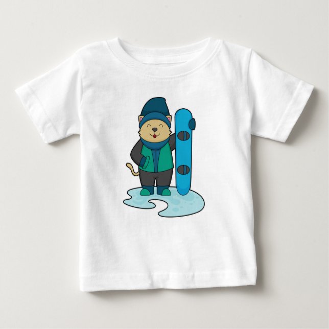 Katze als Snowboarder mit Snowboard Baby T-shirt (Vorderseite)