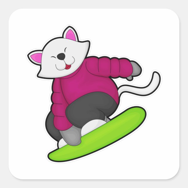 Katze als Snowboarder mit Snowboard Quadratischer Aufkleber (Vorderseite)