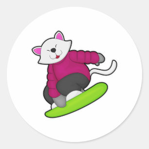 Katze als Snowboarder mit Snowboard Runder Aufkleber