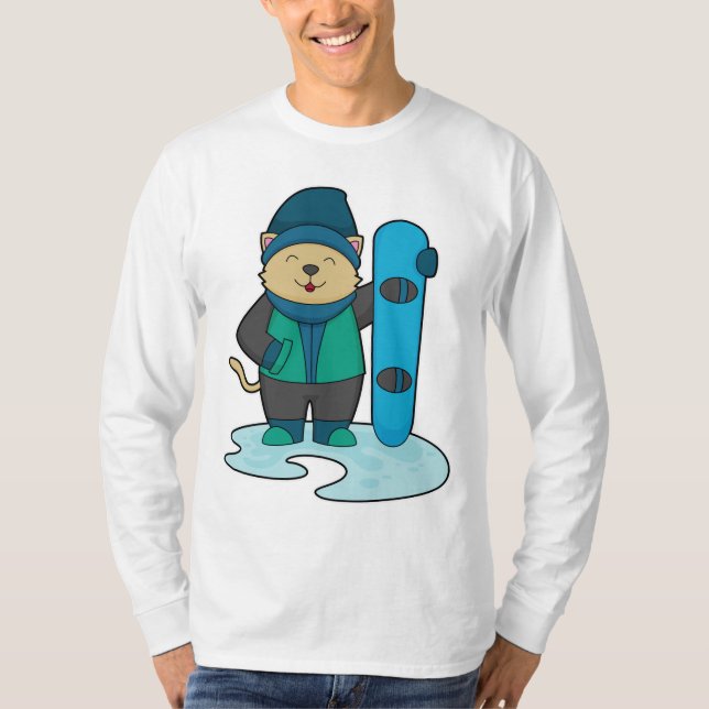 Katze als Snowboarder mit Snowboard T-Shirt (Vorderseite)