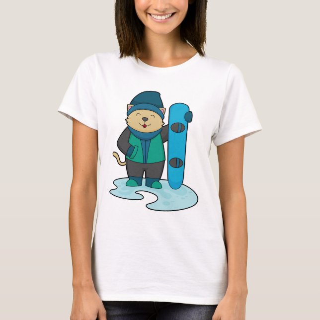 Katze als Snowboarder mit Snowboard T-Shirt (Vorderseite)