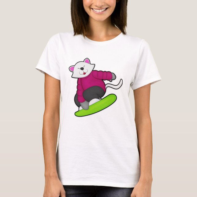 Katze als Snowboarder mit Snowboard T-Shirt (Vorderseite)