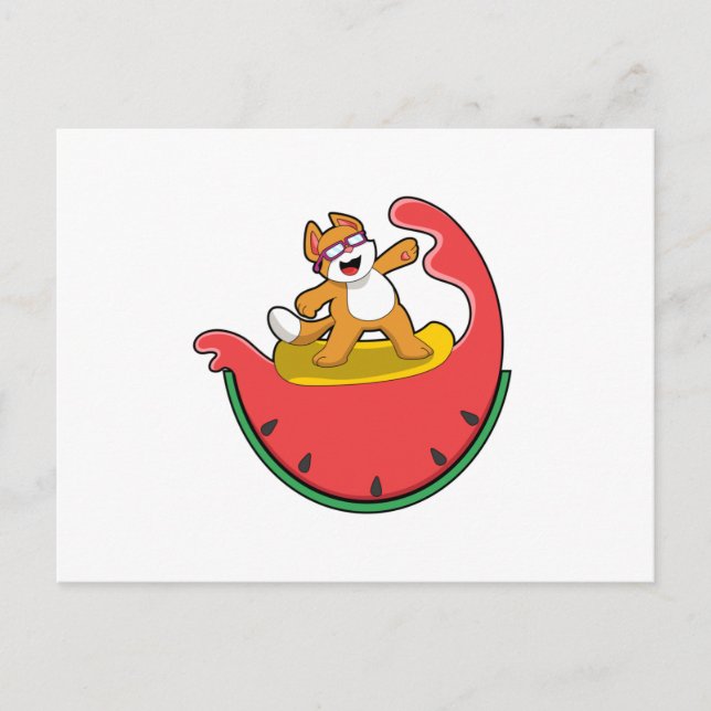 Katze als Surfer mit Watermelon Postkarte (Vorderseite)
