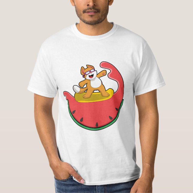 Katze als Surfer mit Watermelon T-Shirt (Vorderseite)