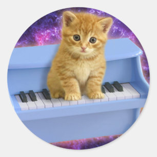 Katze am blauen Klavier Runder Aufkleber