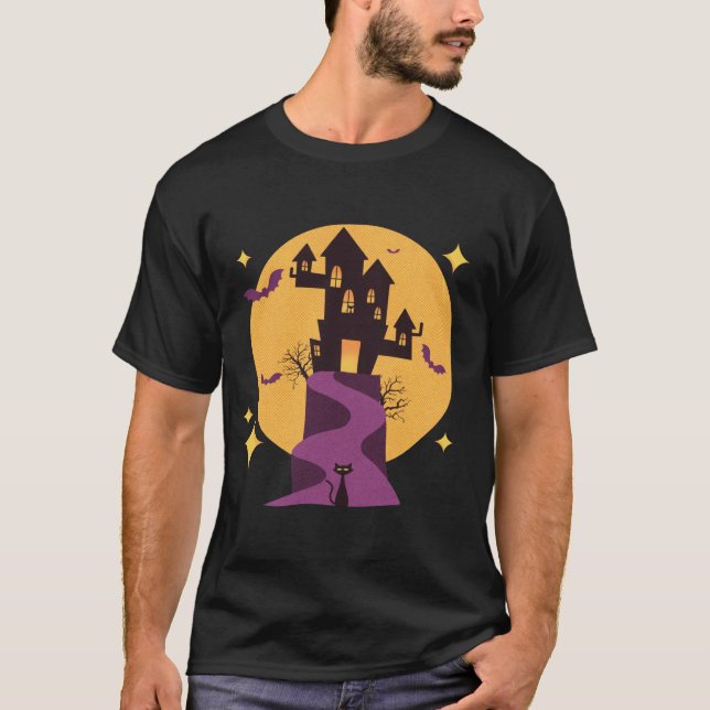 Katze am Ende der Straße Spuk Halloween House T-Shirt (Vorderseite)