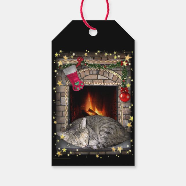 Katze am Feuerplatz Geschenkanhänger (Vorderseite)