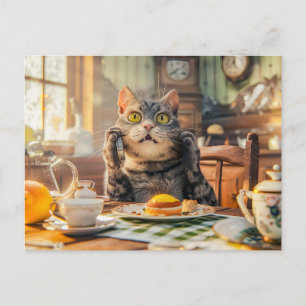 Katze am Frühstückstisch mit Croissants und Saft Feiertagspostkarte
