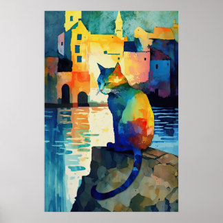 Katze am Kai: sprudelndes Wasser und lebhafte Farb Poster