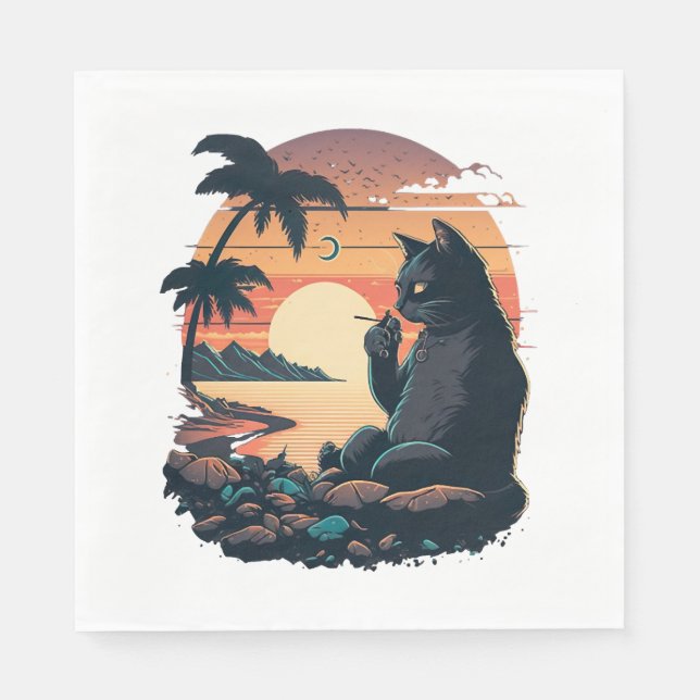 Katze am Strand mit der Zigarette Serviette (Vorderseite)