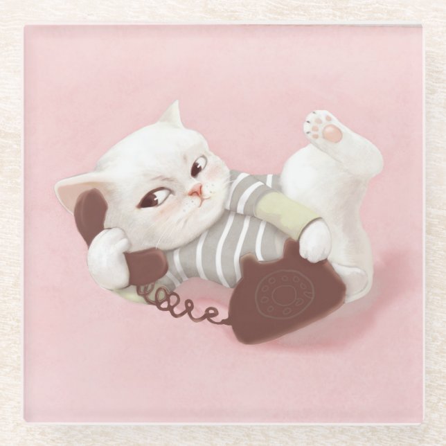 Katze am Telefon Glasuntersetzer (Vorderseite)