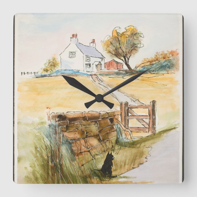 Katze am Tor Quadratische Wanduhr (Vorderseite)