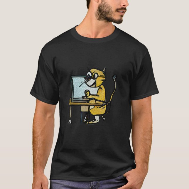 Katze arbeitet an einem Computer T-Shirt (Vorderseite)